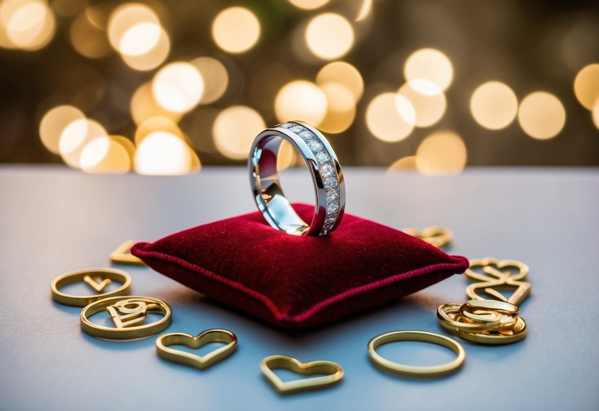 A wedding band displayed on a velvet cushion, surrounded by symbols of love and commitment