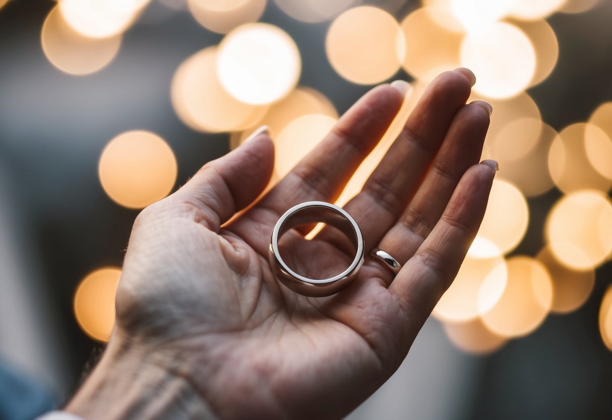 A hand holding a wedding band, with a questioning expression
