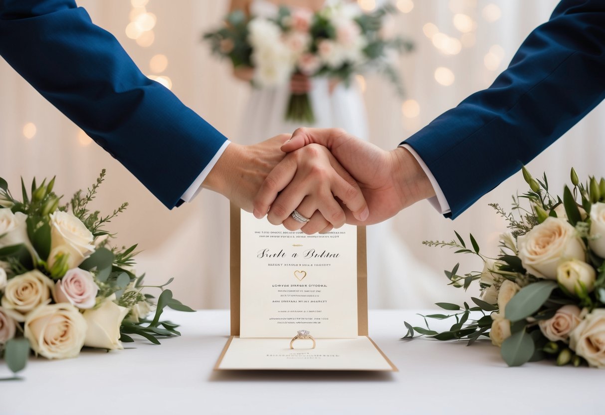 A bride and groom's hands clasping over a beautifully arranged wedding invitation with a ring and floral details, set against a soft, romantic background