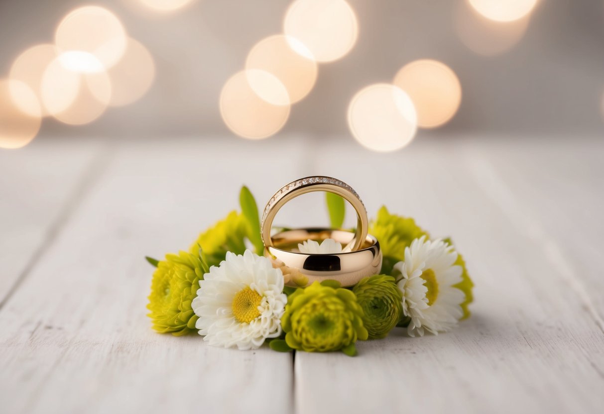 A pair of gold wedding rings placed on a bed of fresh flowers with a soft, romantic background