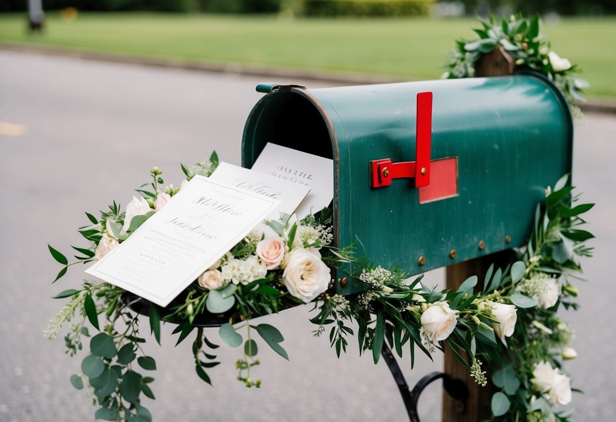 A vintage mailbox adorned with floral garlands, overflowing with elegant wedding invitations