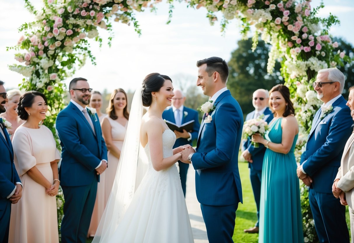 A bride and groom standing under a blooming archway, surrounded by friends and family, exchanging vows with love and joy in their eyes