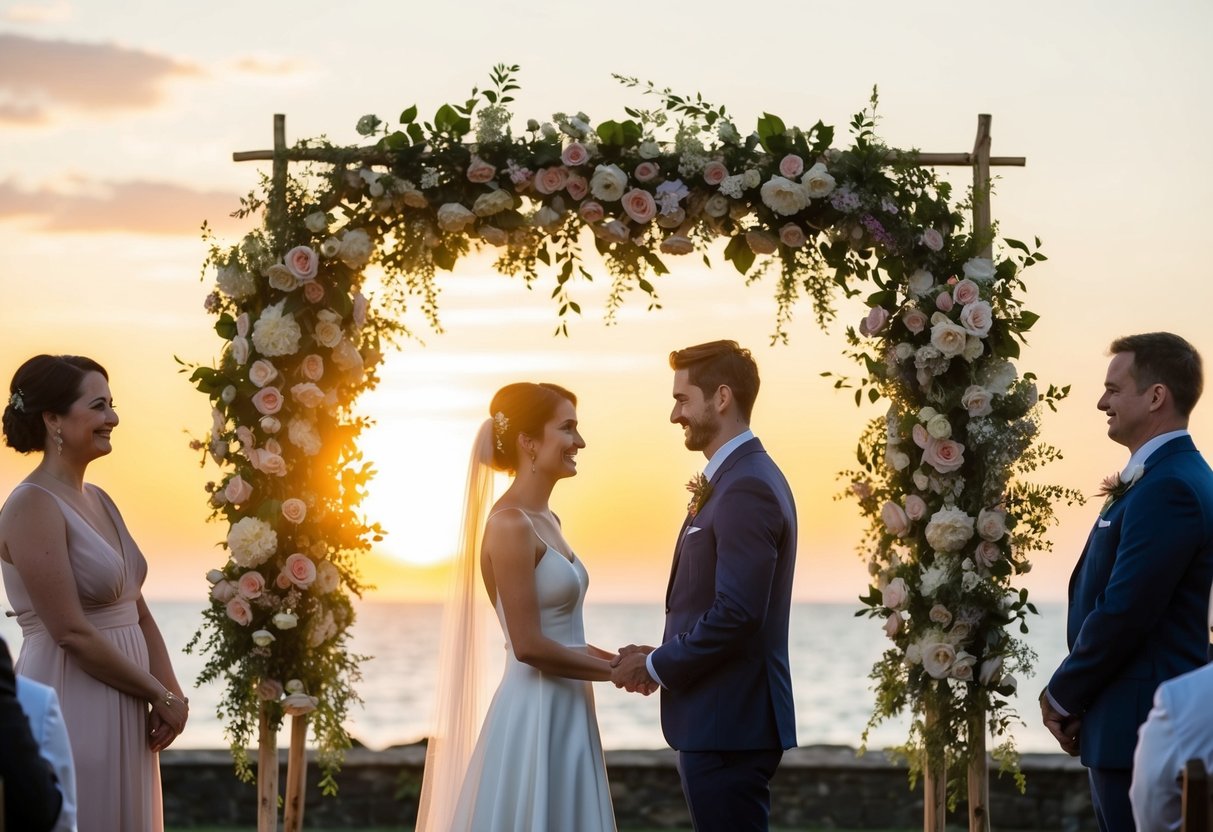 A couple standing under a floral arch, exchanging vows with a serene sunset in the background