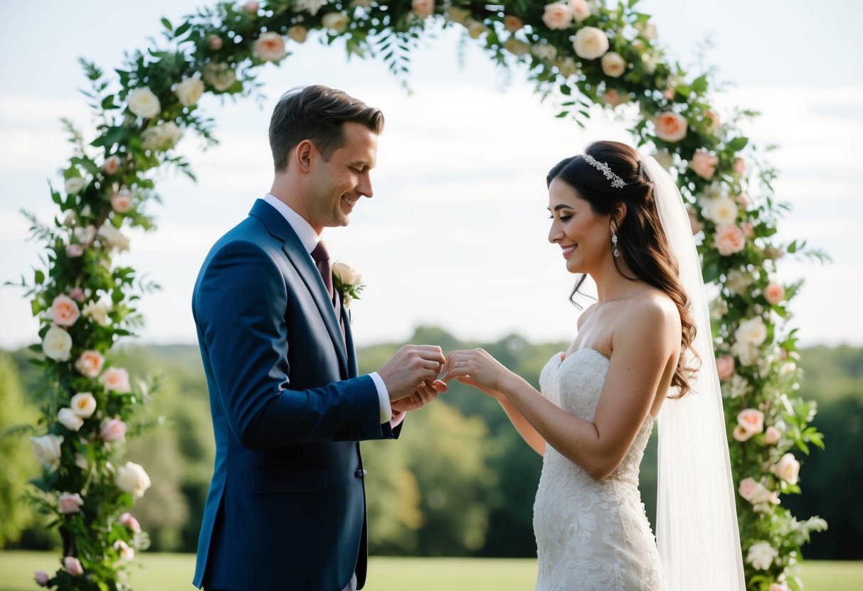A bride and groom exchanging rings under a floral arch