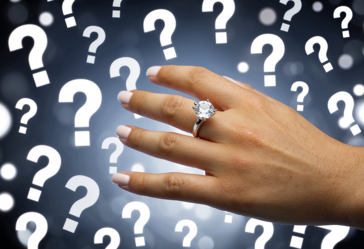A hand with a ring on the right ring finger, surrounded by question marks