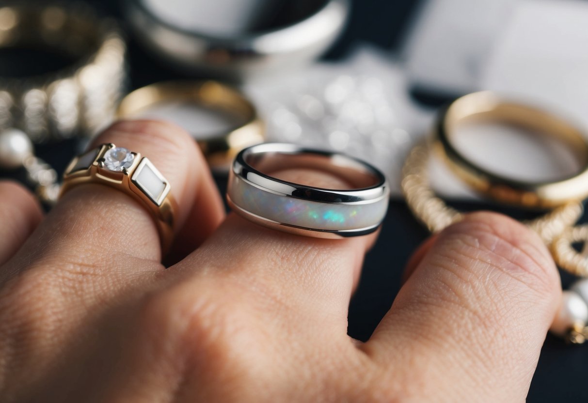 A single ring placed on a right ring finger, surrounded by other jewelry