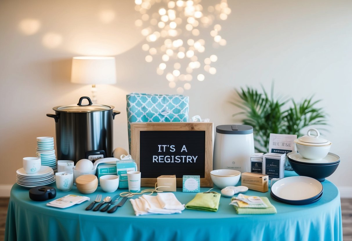 A table with a variety of items for a registry, such as kitchenware, baby items, and home goods, displayed with a sign indicating it's a registry