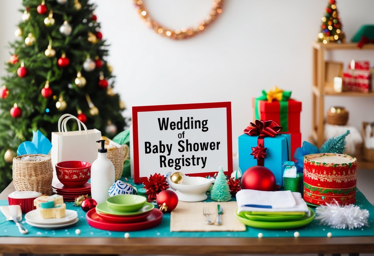 A table with a variety of household items, surrounded by festive decorations and a sign indicating a wedding or baby shower registry