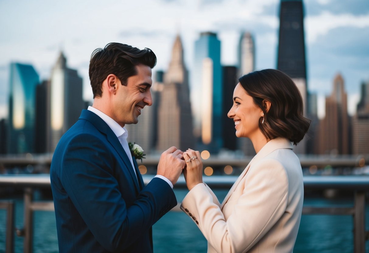 A couple exchanging rings in front of a city skyline