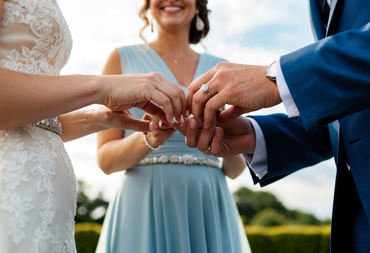 A bride and groom exchanging rings at an outdoor ceremony