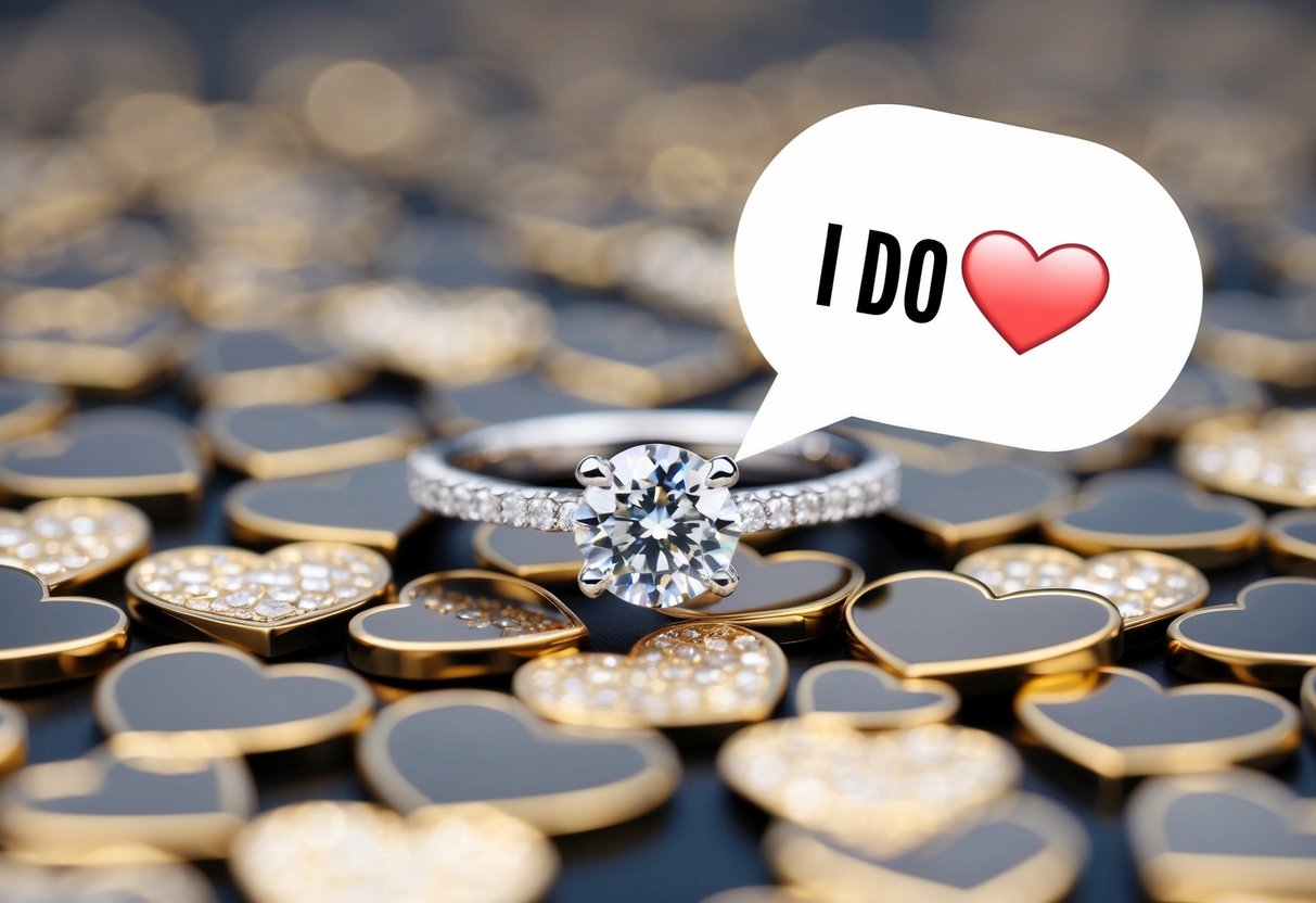A diamond ring surrounded by heart emojis and the words "I do" in a speech bubble