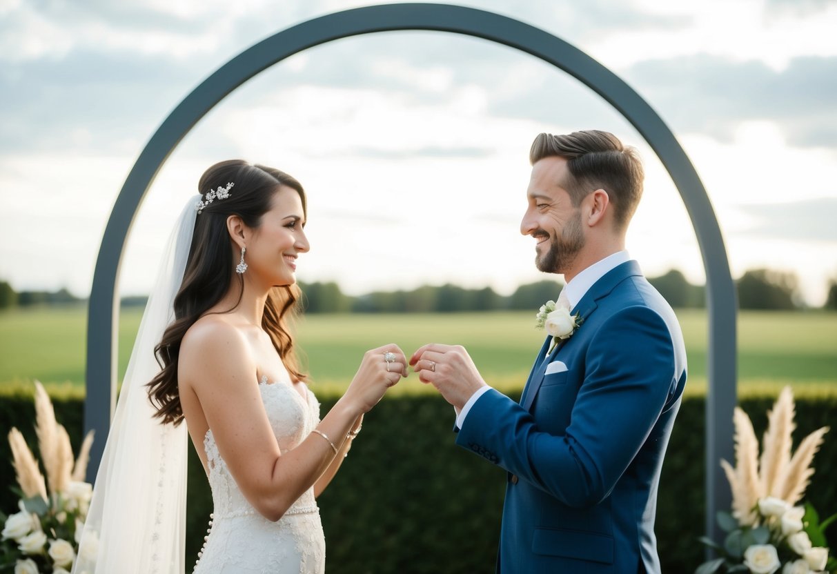 A couple exchanging rings in front of a modern wedding arch