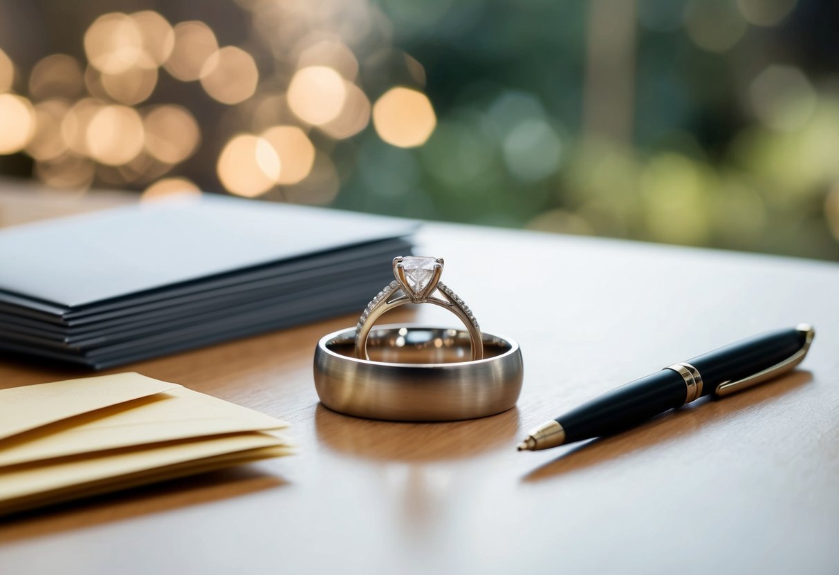 A wedding ring placed on a table next to a stack of envelopes and a pen