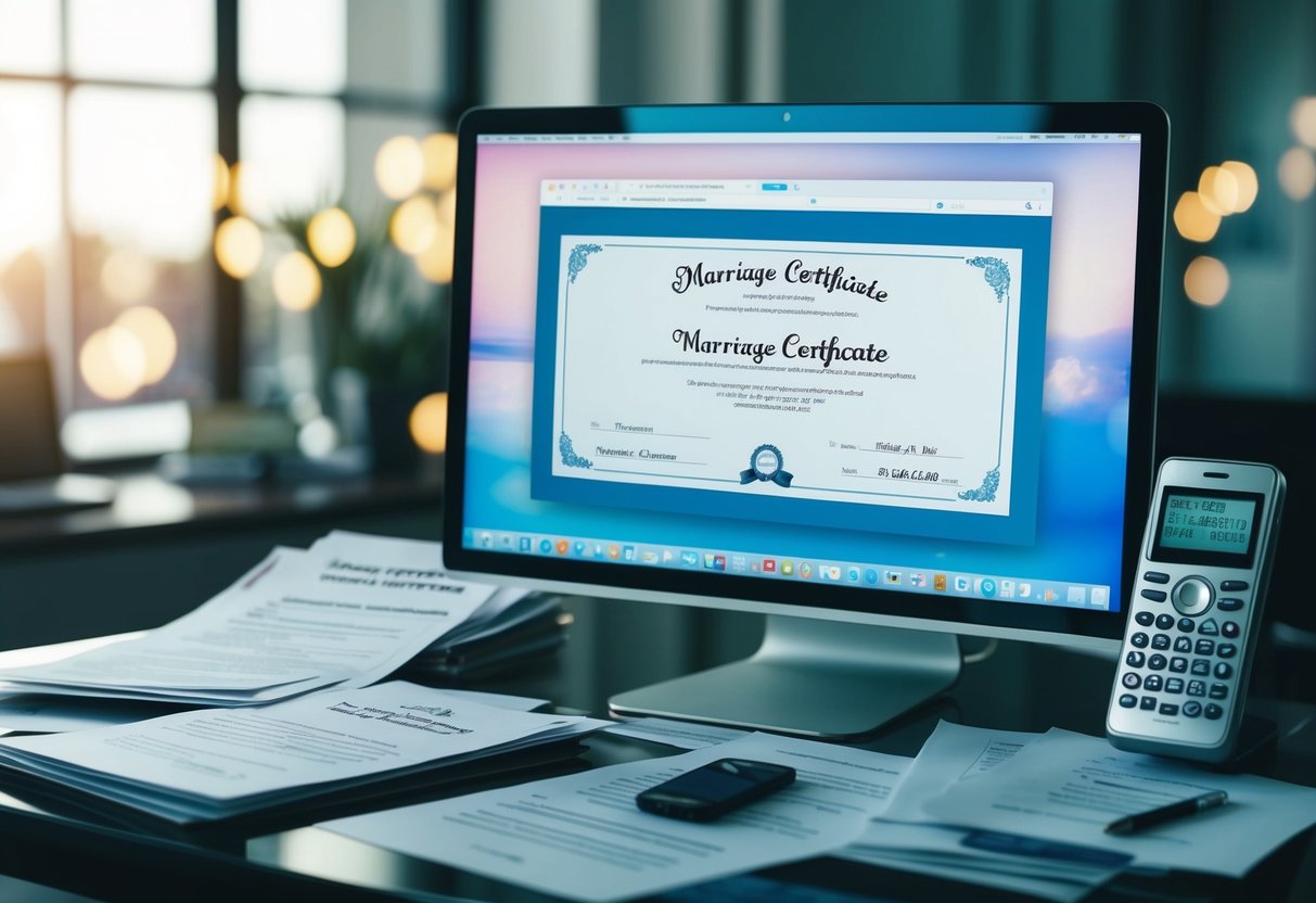 A desk with scattered paperwork, a computer screen displaying a marriage certificate, a phone with various contact numbers