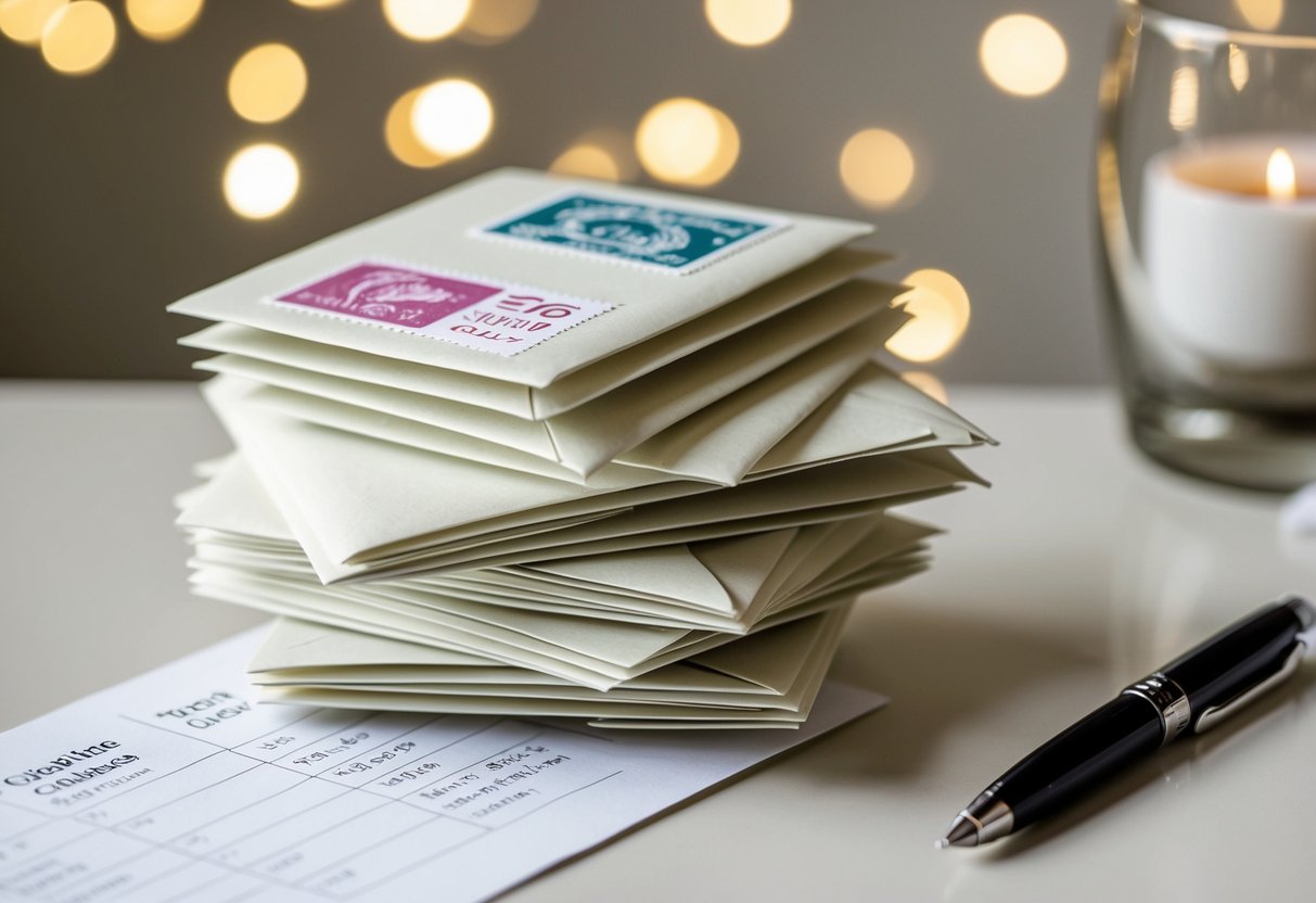A stack of envelopes with wedding-themed stamps, a pen, and a list of contacts