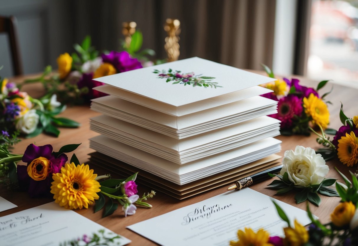 A stack of elegant wedding invitations arranged on a table, surrounded by colorful flowers and a decorative calligraphy pen