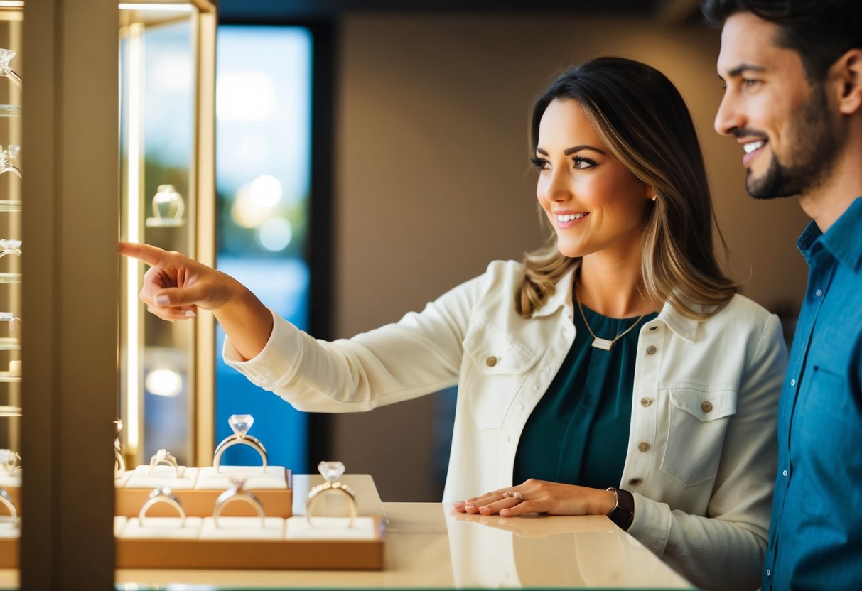 A woman browsing a display of engagement rings, pointing to one while her partner looks on