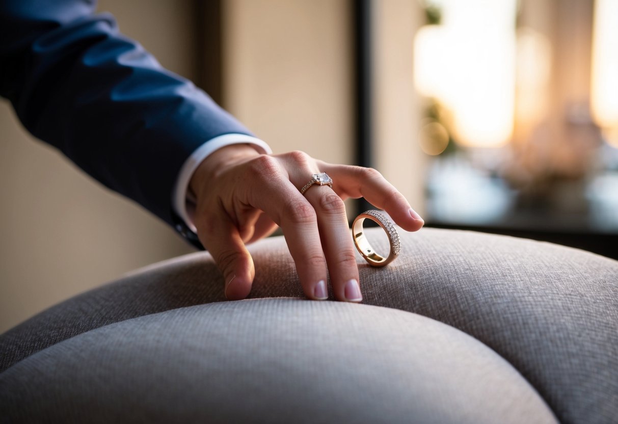 A hand reaching out to place a wedding band on a cushioned surface