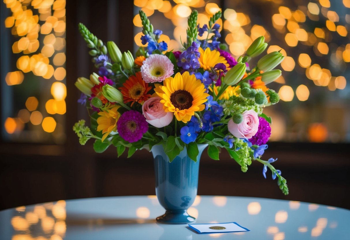 A bouquet of colorful flowers arranged in a vase on a table, with a small card nestled among the blooms