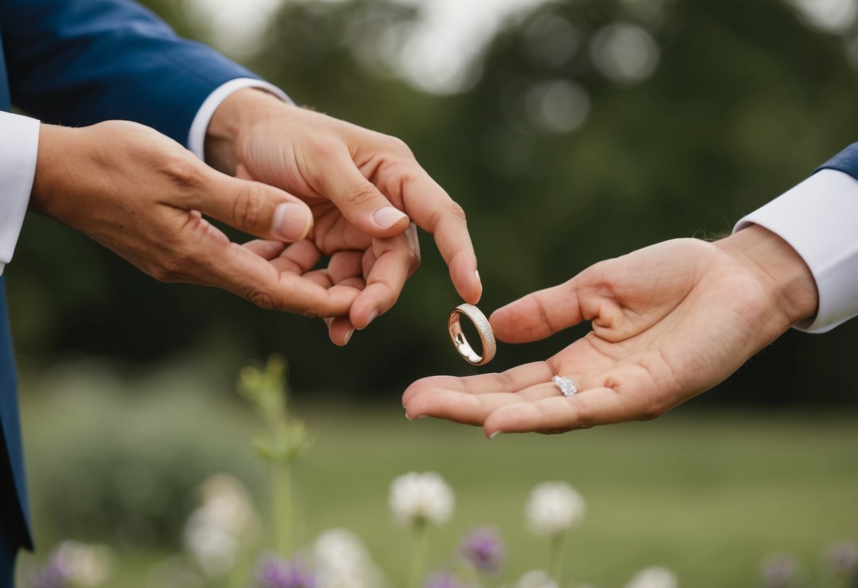 A man's hand reaches for a wedding band, while his partner's hand holds out another ring. Their cultural and personal beliefs are reflected in the choice of jewelry