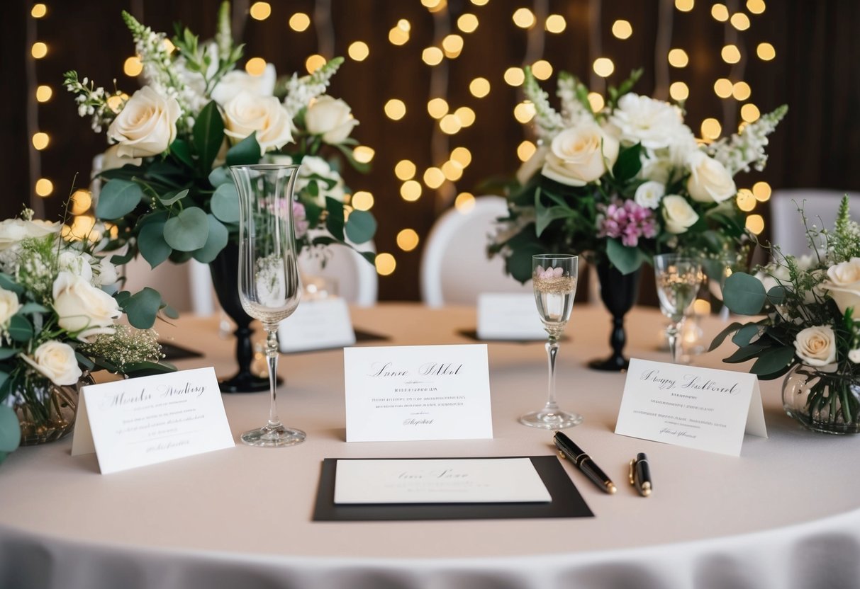 A table adorned with elegant wedding cards and a pen, surrounded by delicate floral arrangements and twinkling fairy lights