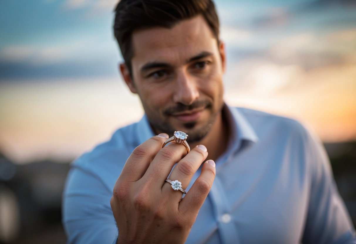 A man's hand holding both a wedding band and an engagement ring, with a thoughtful expression