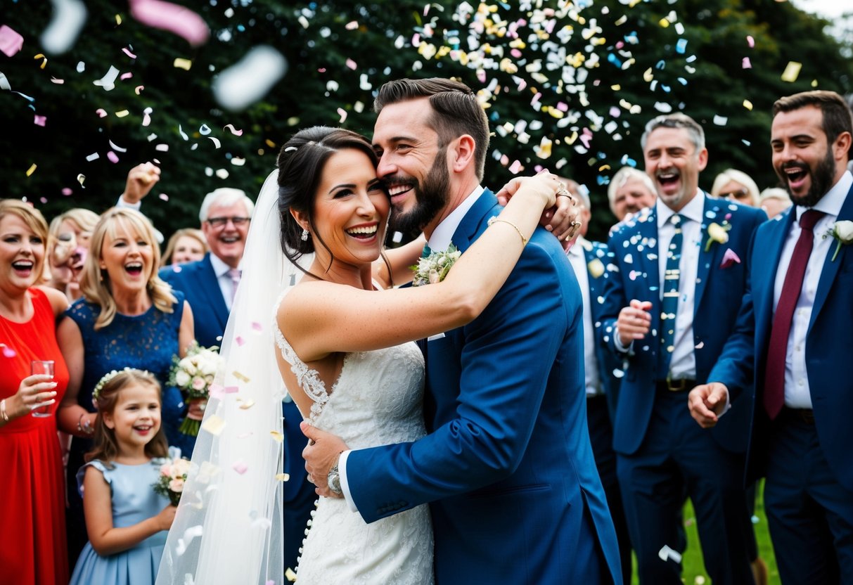 A bride and groom smiling and embracing, surrounded by excited family and friends, with confetti falling from the sky