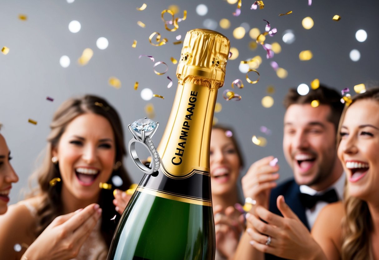 A champagne bottle with a comically oversized engagement ring popping out, surrounded by confetti and laughter