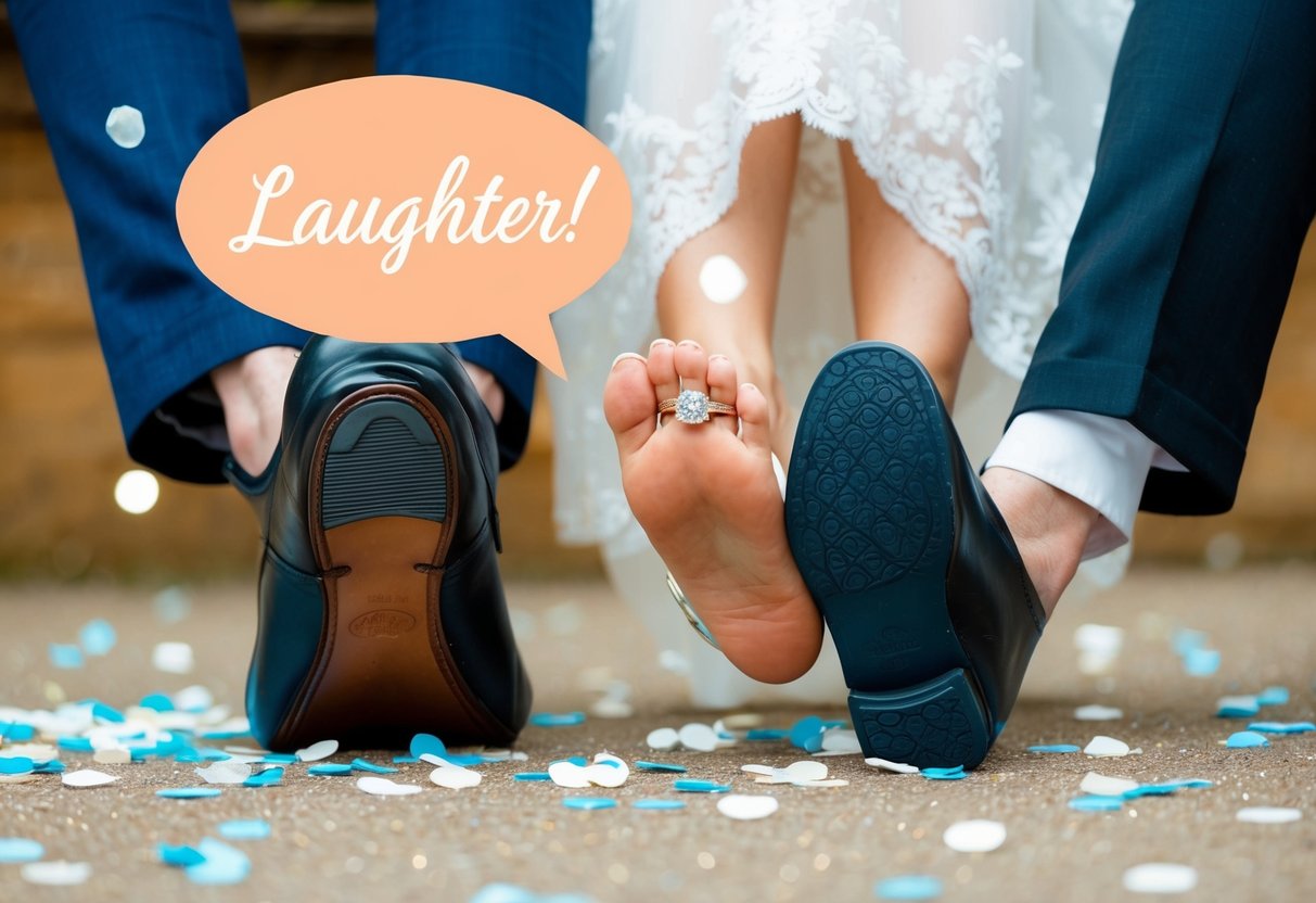 A couple's feet with one foot holding a ring, surrounded by confetti and a speech bubble with laughter