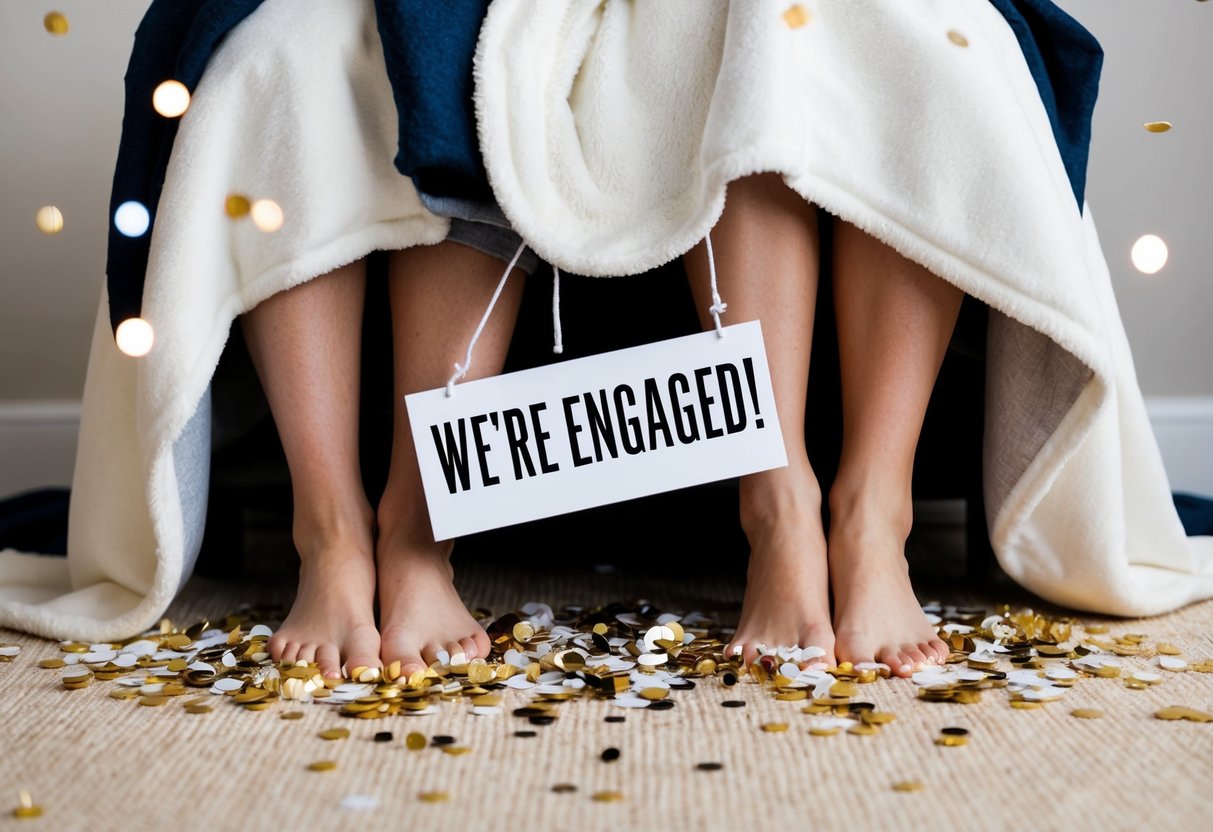 A couple's feet sticking out from under a blanket, with one foot wearing a ring and the other foot holding a sign saying "We're Engaged!" surrounded by confetti