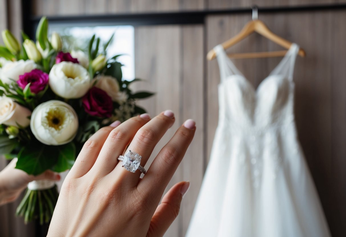 A ring on a finger, a bouquet of flowers, and a wedding dress hanging on a hanger
