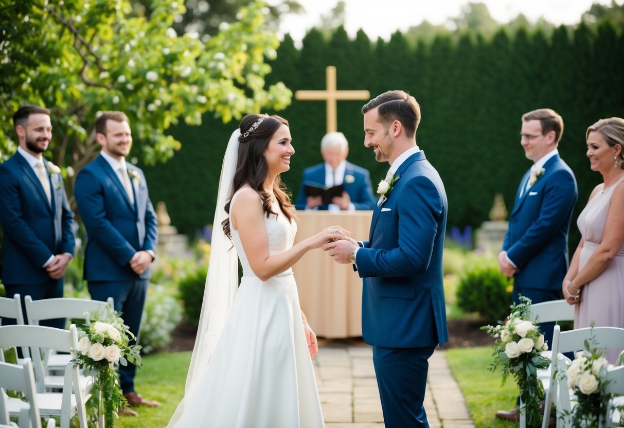 A couple walking through a garden, passing an engagement ring to each other, and then exchanging vows in front of a wedding altar