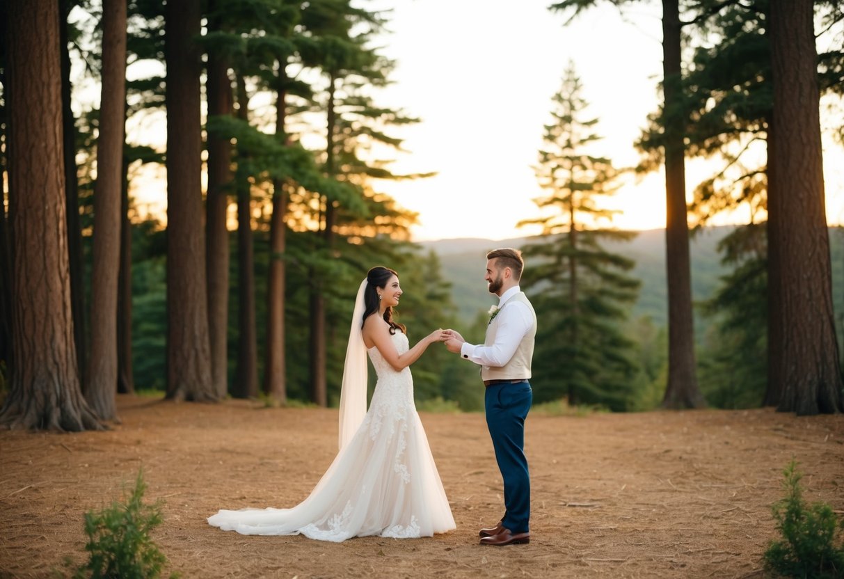 A couple exchanging vows in a secluded forest clearing, surrounded by tall trees and a warm, golden sunset