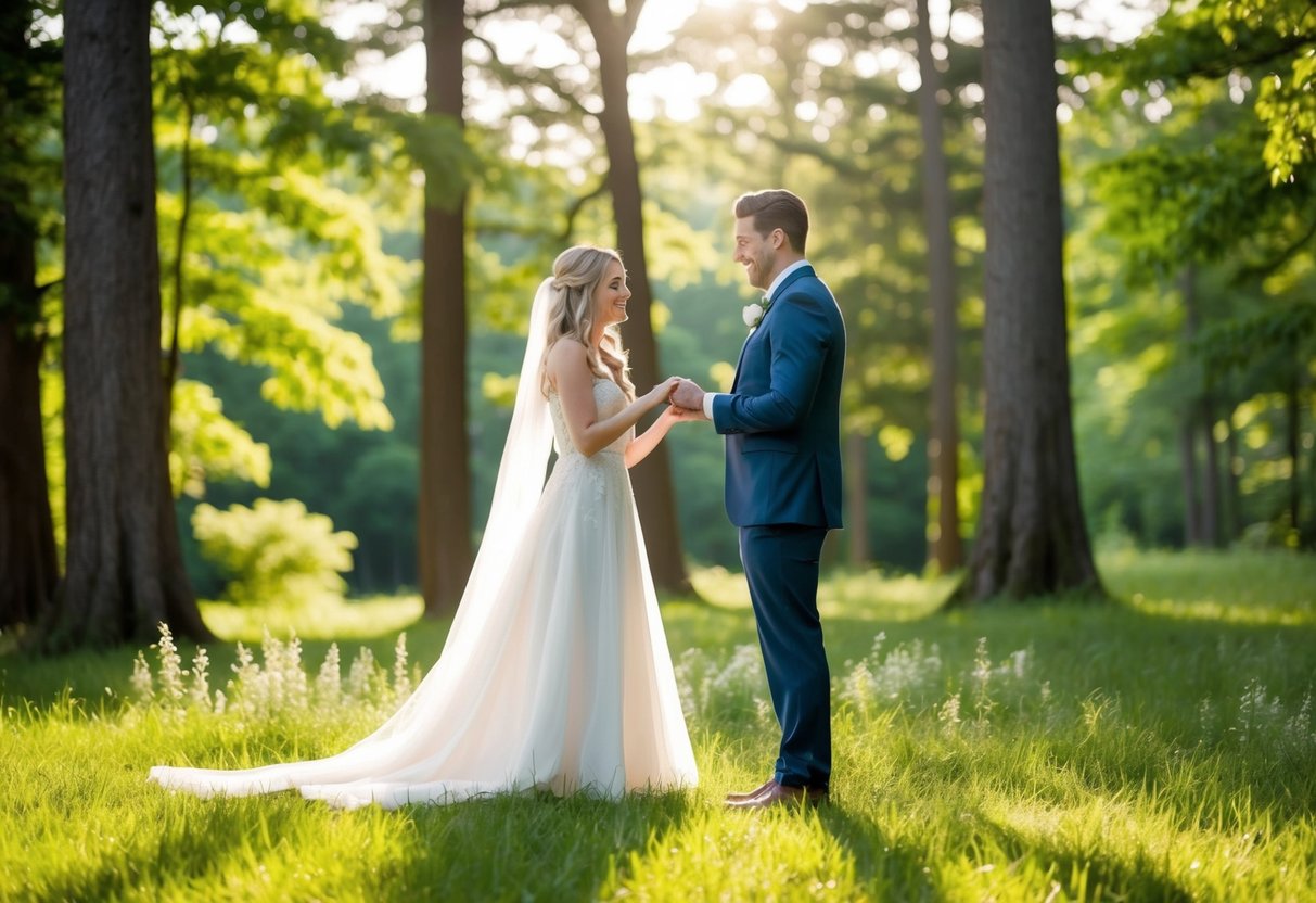A couple exchanging vows in a secluded forest clearing, surrounded by lush greenery and the soft glow of sunlight filtering through the trees