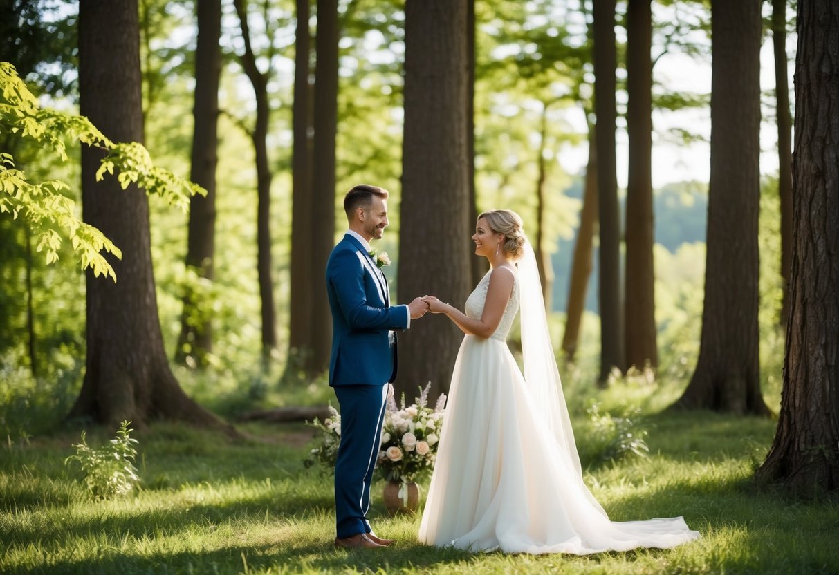A couple exchanging vows in a secluded forest clearing, surrounded by tall trees and soft sunlight filtering through the leaves