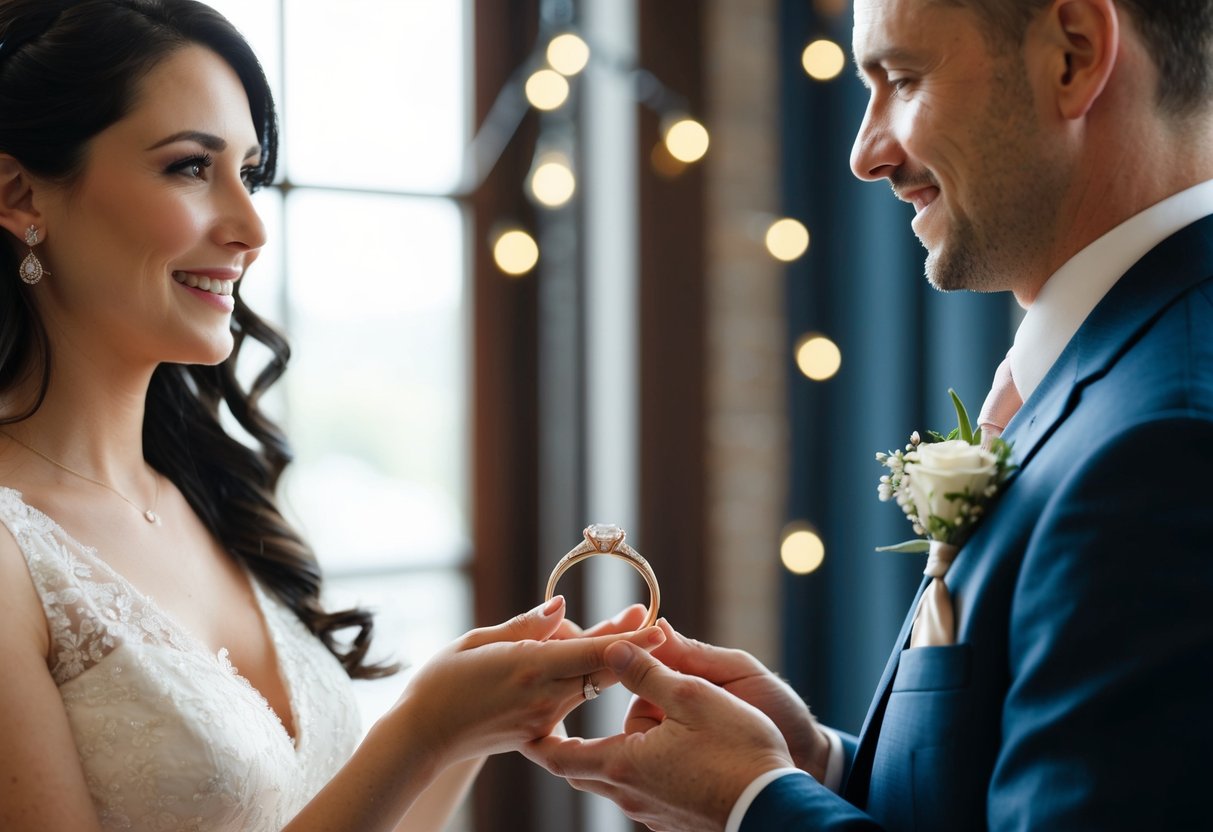 A woman presents a wedding band to a man, symbolizing the tradition of mutual exchange in marriage