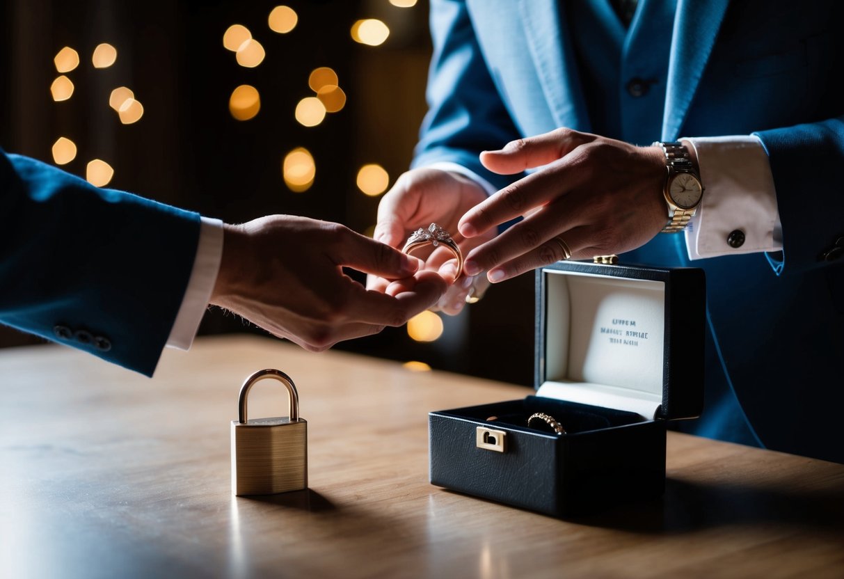 A figure exchanging wedding rings in a dimly lit room, with a locked box nearby