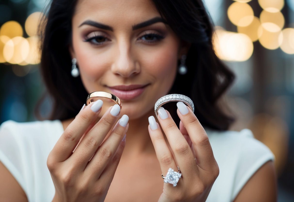 A woman holds two wedding bands, pondering over which one to choose for her partner