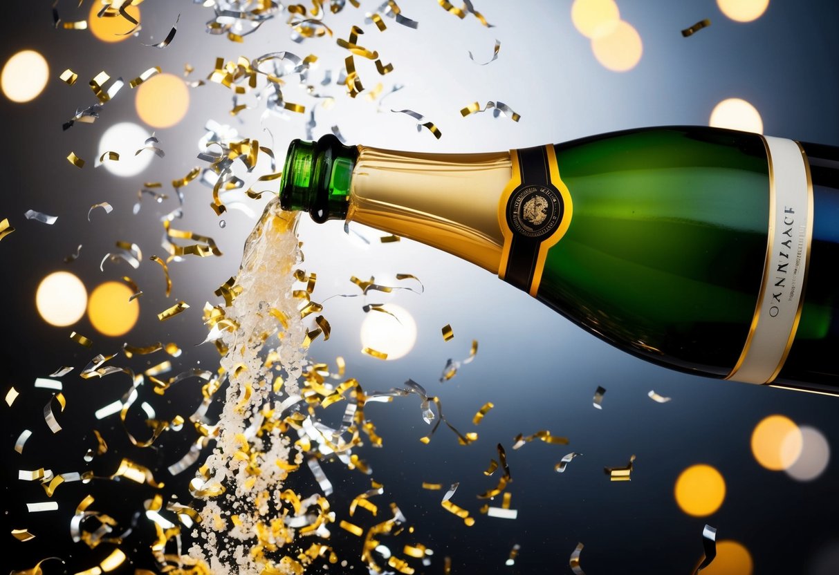 A champagne bottle popping with confetti raining down