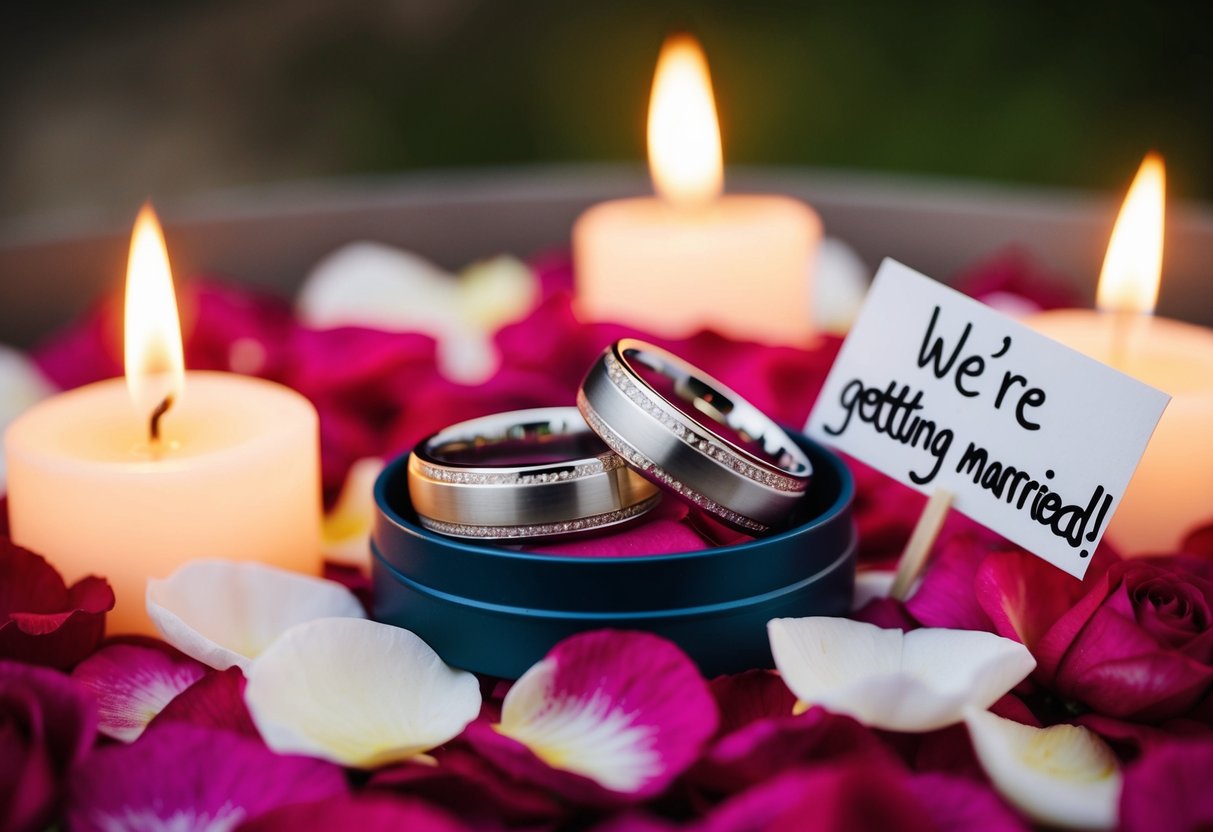 A couple's intertwined wedding rings resting on a bed of rose petals, surrounded by flickering candles and a handwritten note "We're getting married!"