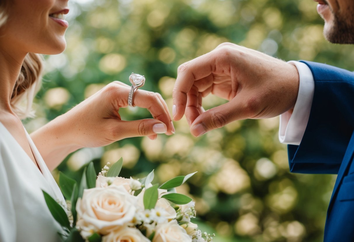A wedding ring being exchanged between two people