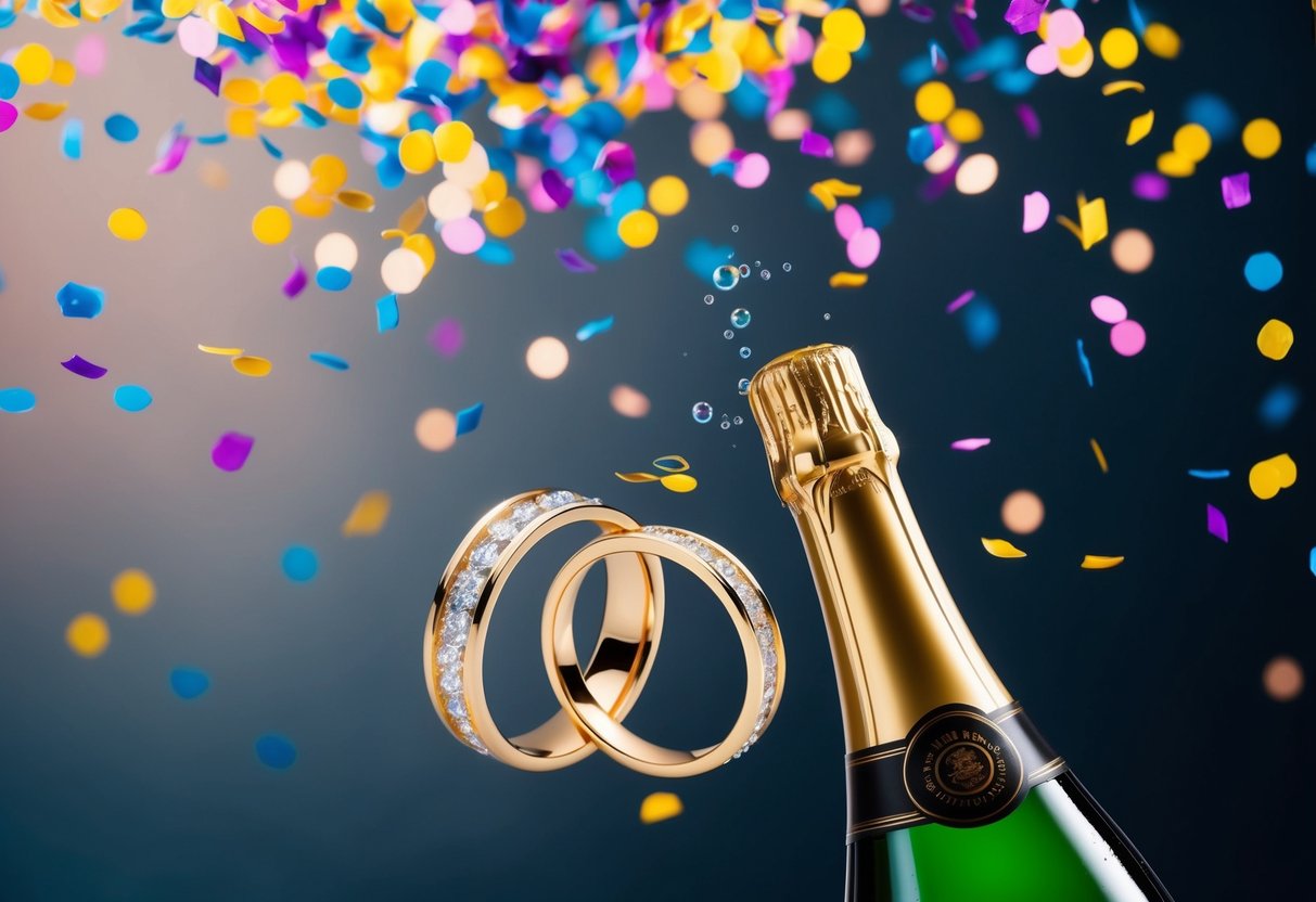 Colorful confetti falling from above, a pair of entwined gold rings, and a champagne bottle popping with bubbles