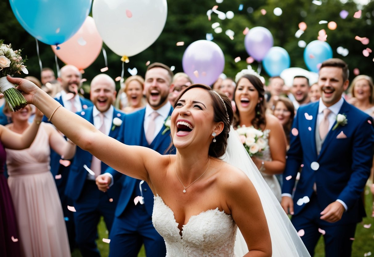 A joyful wedding scene with confetti, balloons, and laughter