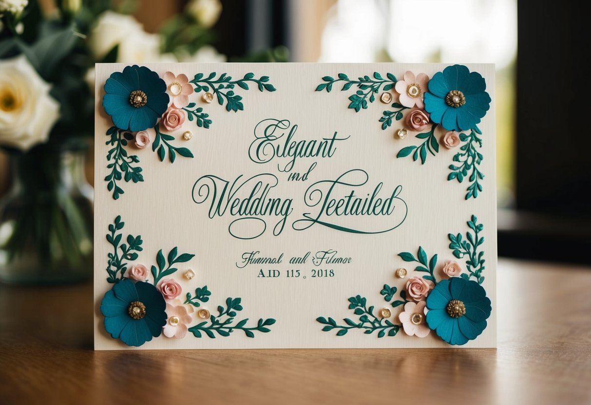 A beautifully decorated wedding card with elegant calligraphy and floral motifs