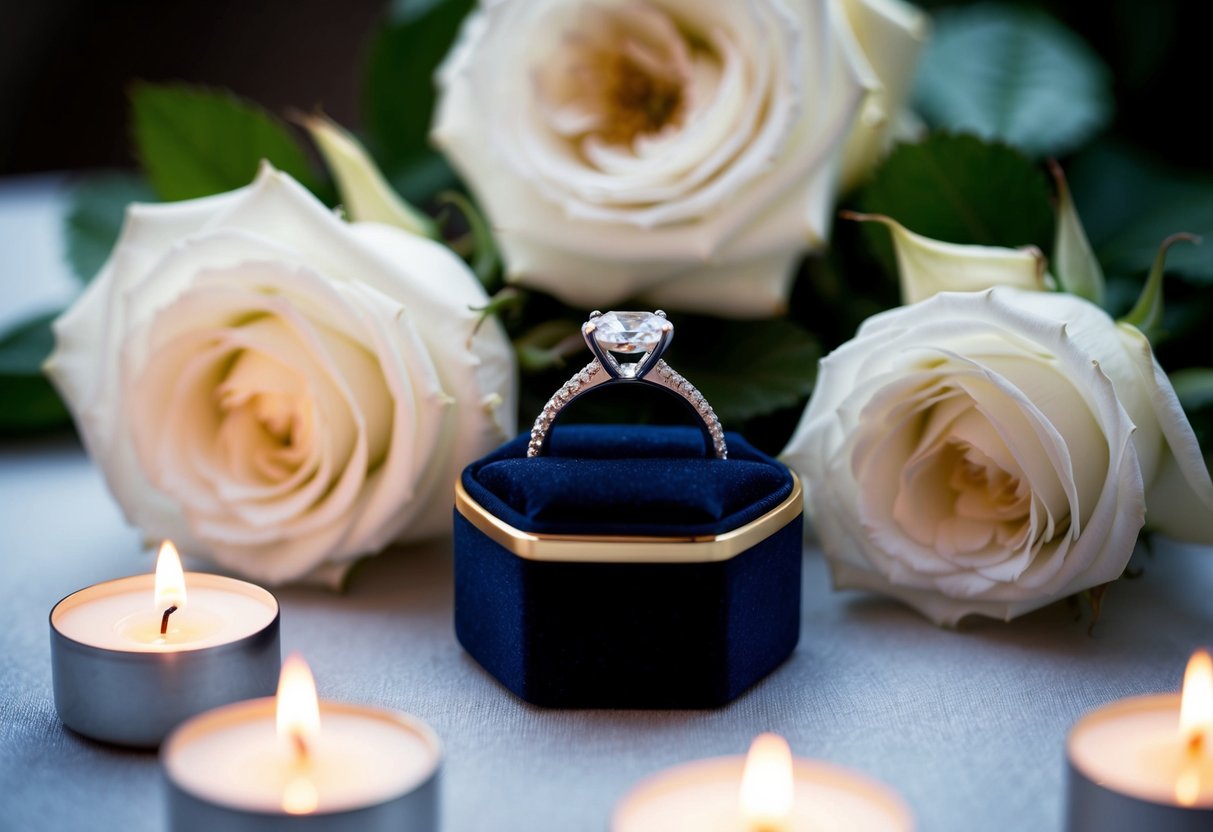 A sparkling diamond ring on a velvet box, surrounded by blooming white roses and flickering candles
