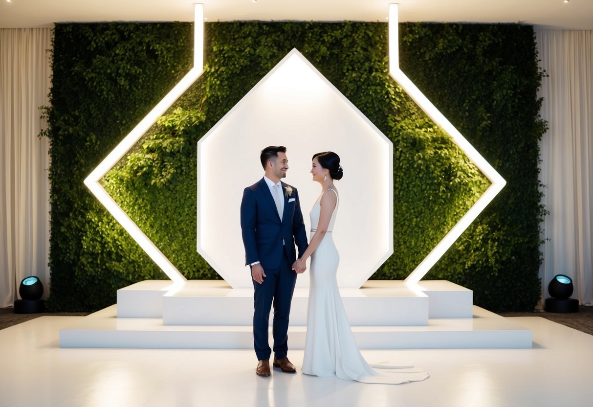 A couple standing in front of a modern, minimalist altar with sleek, geometric design and a backdrop of lush greenery and soft, romantic lighting