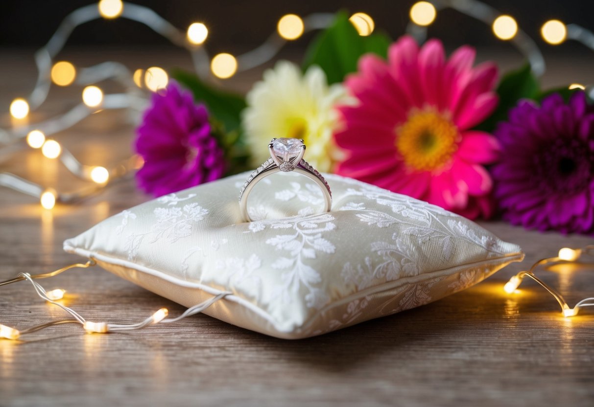 A sparkling engagement ring on a delicate pillow, surrounded by vibrant flowers and twinkling fairy lights