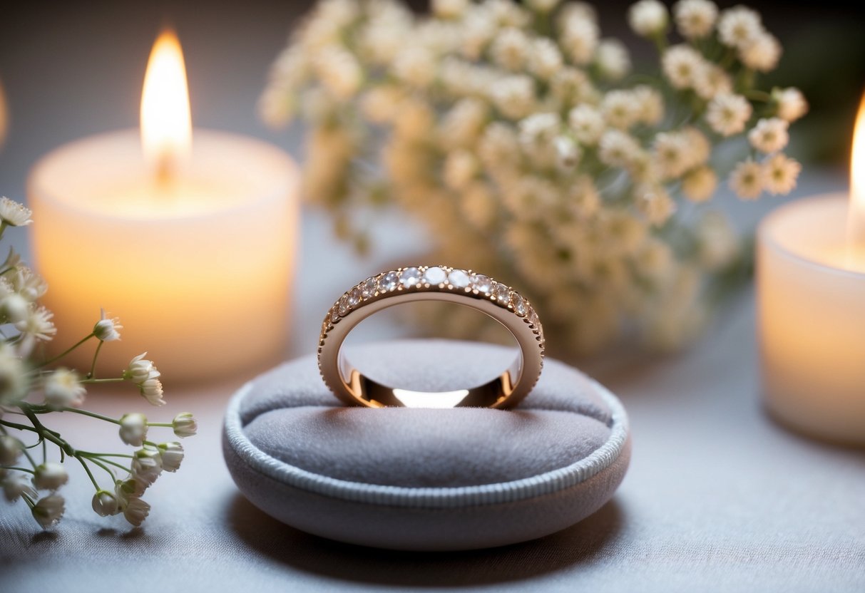 A sparkling wedding band rests on a velvet cushion, surrounded by delicate flowers and soft candlelight