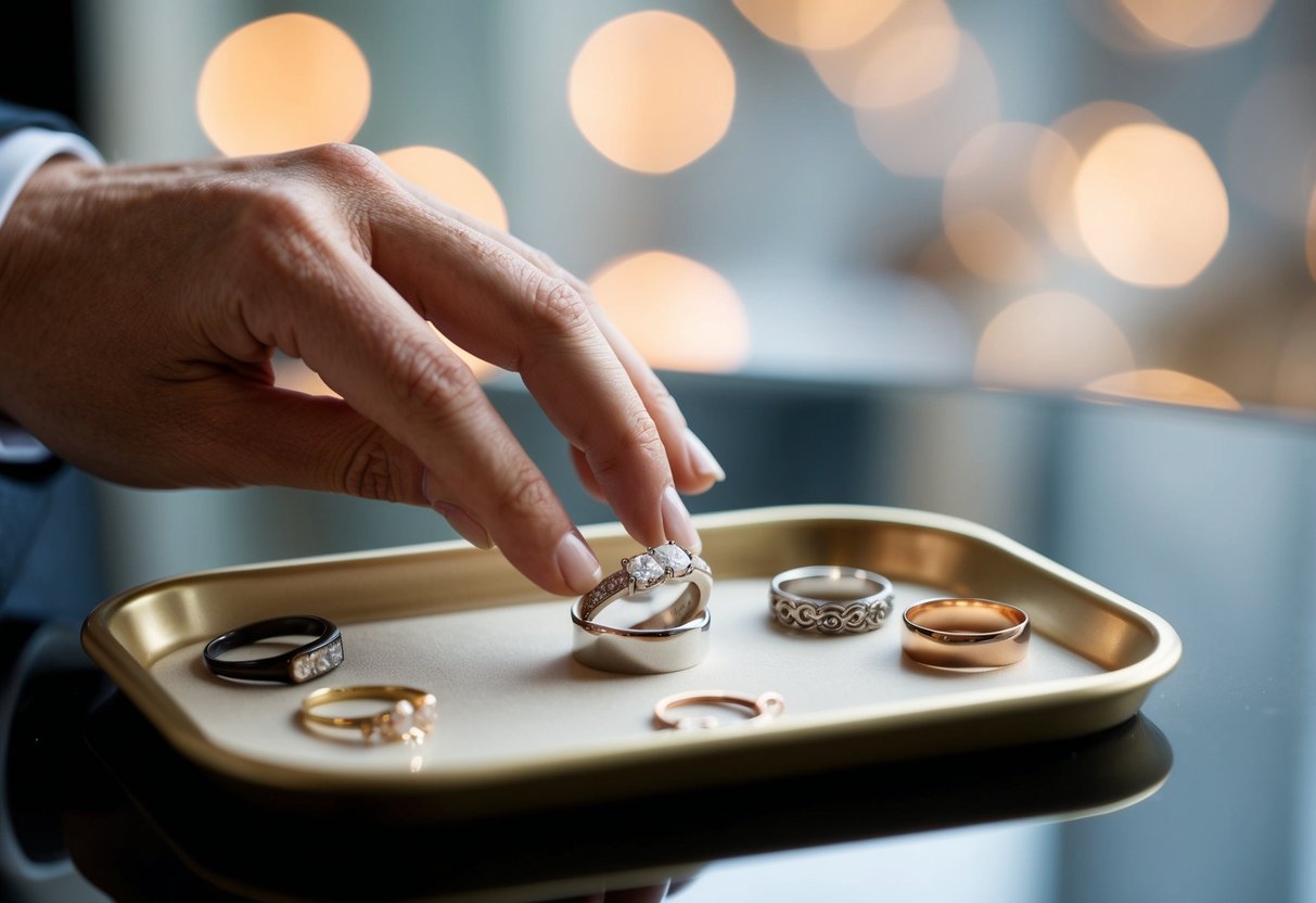 A hand reaching for a wedding band among a selection of other rings on a jewelry tray