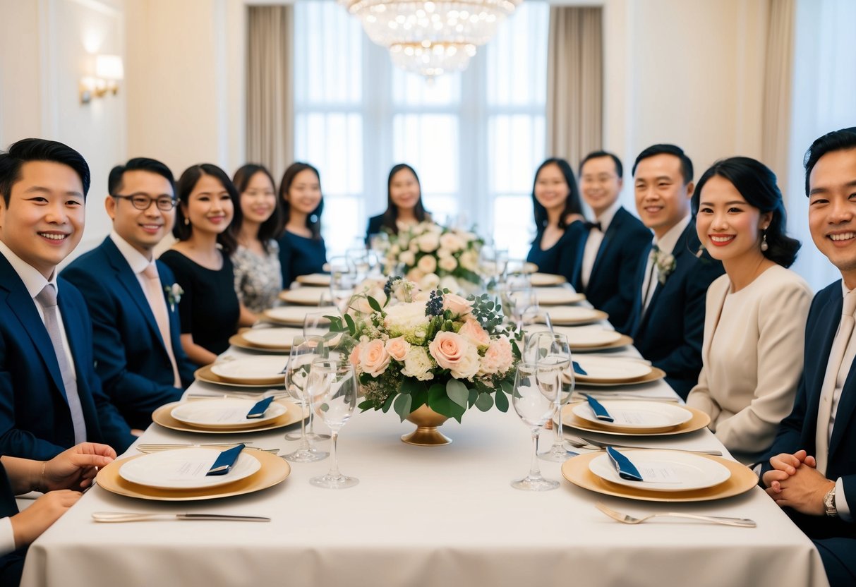 A table set with elegant dinnerware and a floral centerpiece, surrounded by smiling guests in formal attire